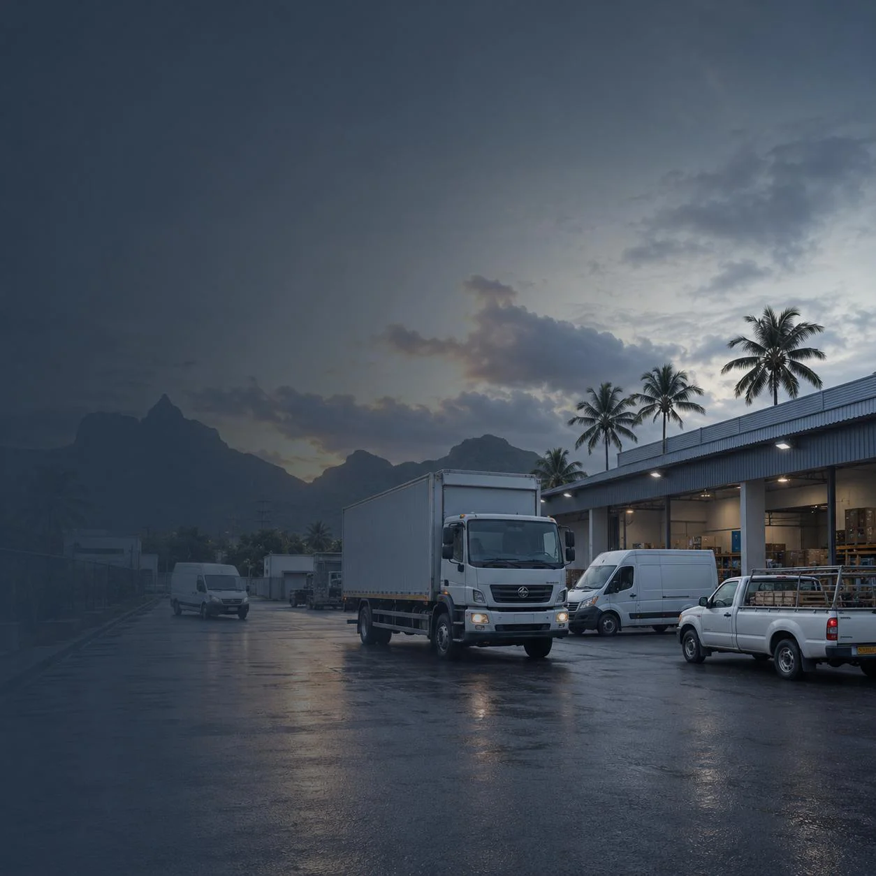 Commercial vehicles at a Mauritius depot