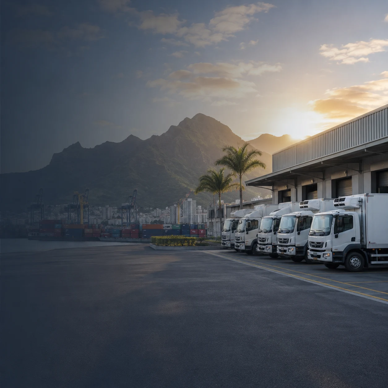 Commercial vehicles ready at an island depot