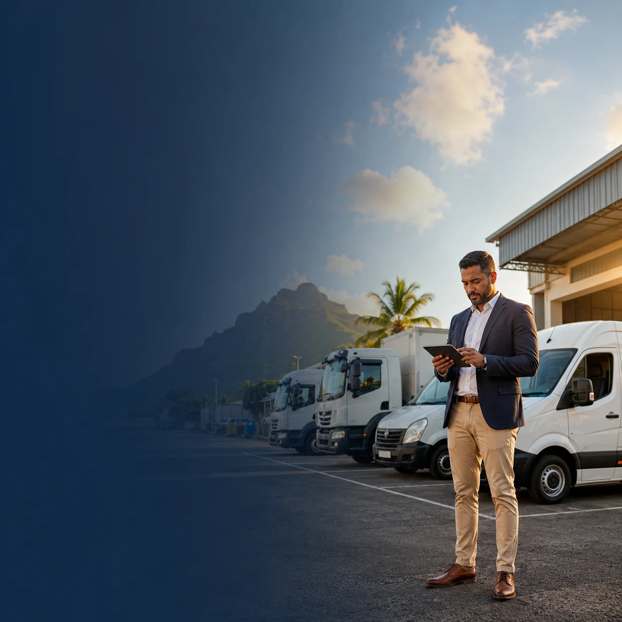 A fleet professional reviewing information at a vehicle depot